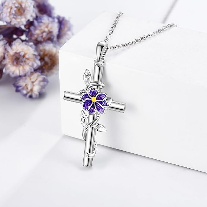 Flower Cross Necklace 925 Sterling Silver Carnation/Rose/Lily/Daisy Cross Necklace Birth Flower Jewelry for Women