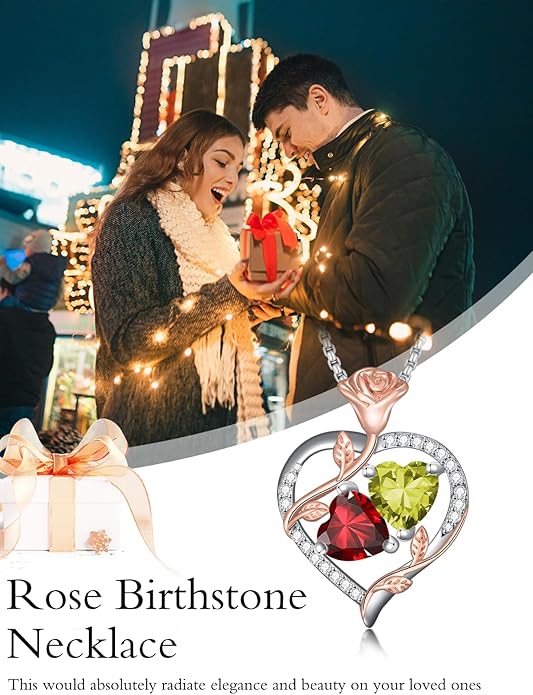 Jewelry for Her Double Heart Rose Birthstone Pendant Necklace Anniversary Jewelry Christmas Birthday Gifts for Women Wife Girlfriend