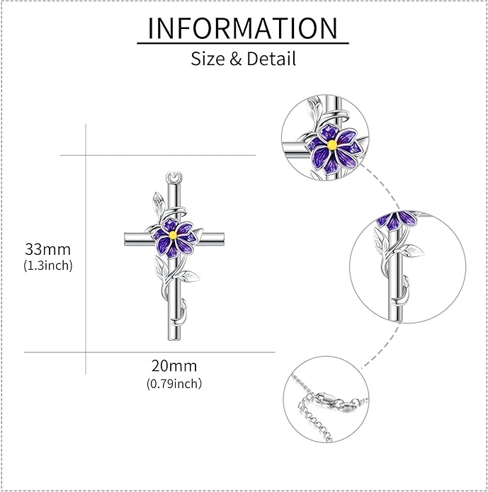 Flower Cross Necklace 925 Sterling Silver Carnation/Rose/Lily/Daisy Cross Necklace Birth Flower Jewelry for Women