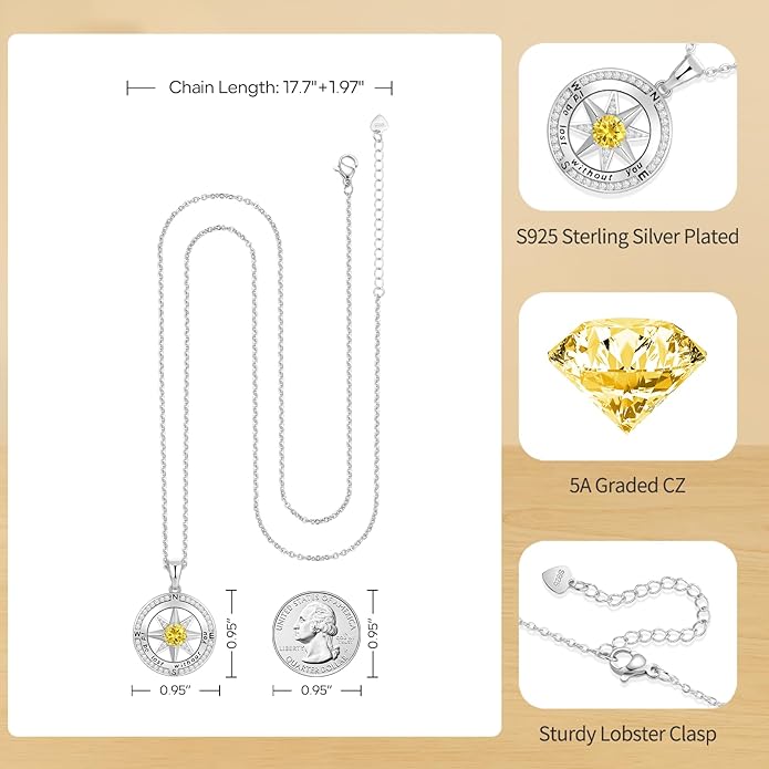 Peeshow Gifts for Women Wife-Compass Birthstone Necklace Gift for Wife Birthday Wedding Anniversary Women Jewelry for Her Girlfriend S925 Sterling Silver