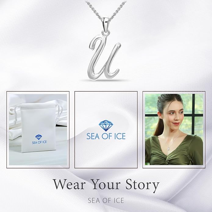 SEA OF ICE Letter Initial Necklace, Alphabet Letter Pendant Necklace, Sterling Silver, Gold, Rose Gold Necklace for Women, Elegant Initial Necklaces, Personalized Custom Women's Necklaces