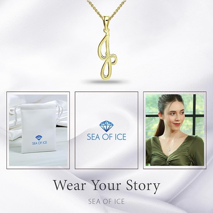 SEA OF ICE Letter Initial Necklace, Alphabet Letter Pendant Necklace, Sterling Silver, Gold, Rose Gold Necklace for Women, Elegant Initial Necklaces, Personalized Custom Women's Necklaces