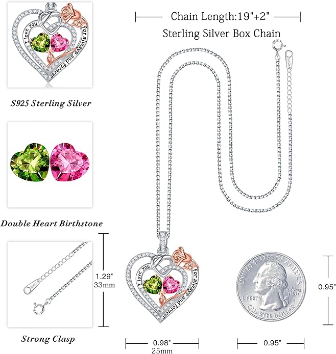 Iefil Rose Heart Necklace Gifts for Wife Women - 925 Sterling Silver Double Birthstone Necklace, Anniversary Birthday Gifts for Women, Jewelry Gift for Wife Girlfriend Mom Her