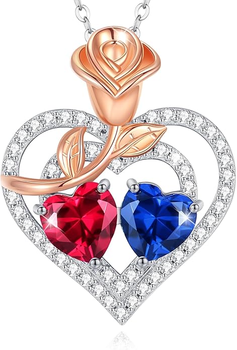AGVANA Birthstone Necklace for Women Sterling Silver Rose Flower Heart Double Birthstone Jewelry Pendant Necklace Anniversary Birthday Gifts for Women Mom Wife Girlfriend Her