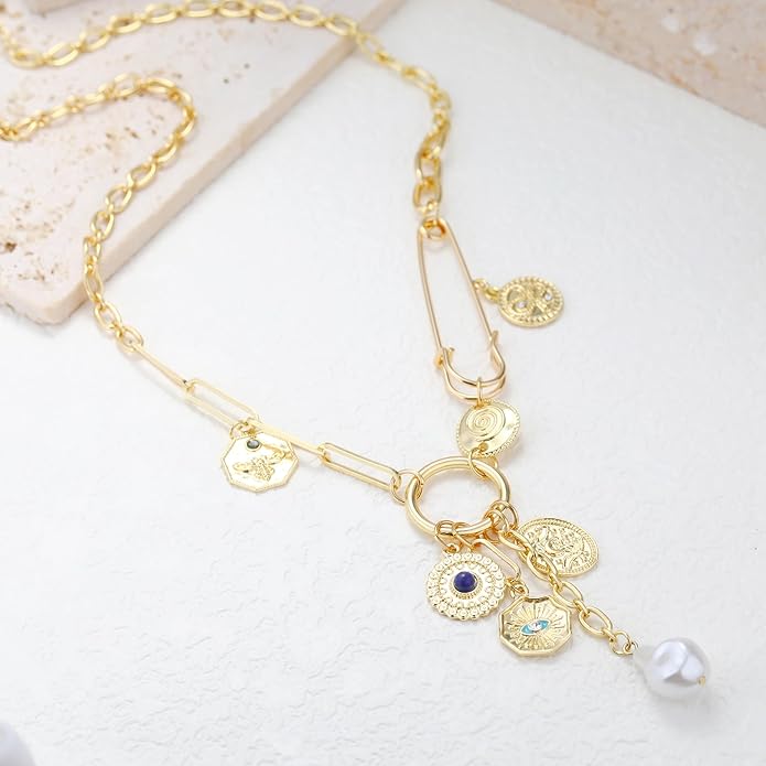 Charm Necklace for Women Gold Evil Eye Sun Moon Flower Coin Pendant Necklace Dainty Paperclip Chain Vintage Luck Amulet Choker Necklaces Celestial Jewelry Gift