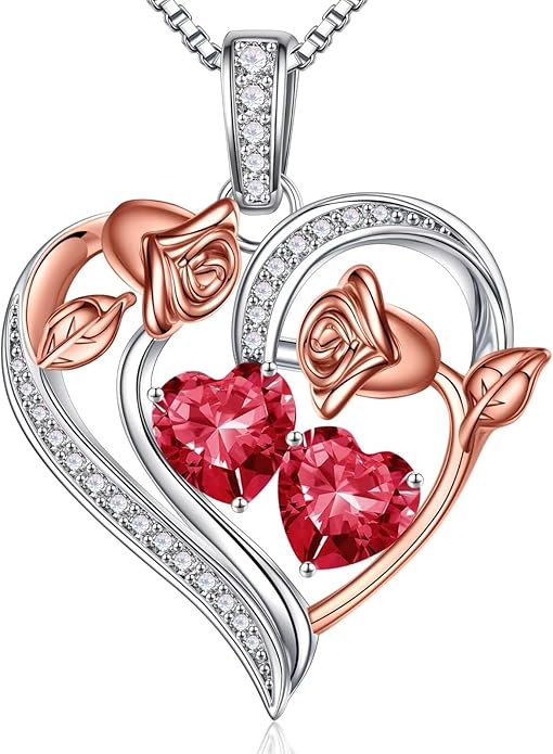 Iefil Birthstone Necklace for Women - 925 Sterling Silver Rose Heart Necklace, Birthstone Jewelry, Anniversary Birthday Gifts for Wife Girlfriend Mom Daughter