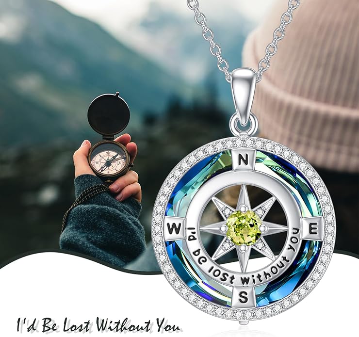 TOUPOP Compass Necklace for Women 925 Sterling Silver I'd be Lost without You Compass Pendant Birthstone Necklaces Anniversary Jewelry Birthday Gift for Girlfriend Wife Graduation Gifts for Her Daugthter
