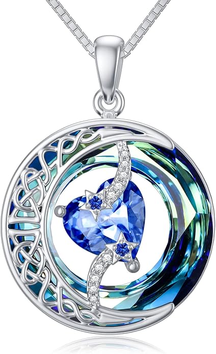 TOUPOP Birthstone Necklace 925 Sterling Silver Moon and Star Pendant with Blue Crystal Celtic Moon Jewelry Birthday Christmas Gifts for Women Mom Wife Her Daughter