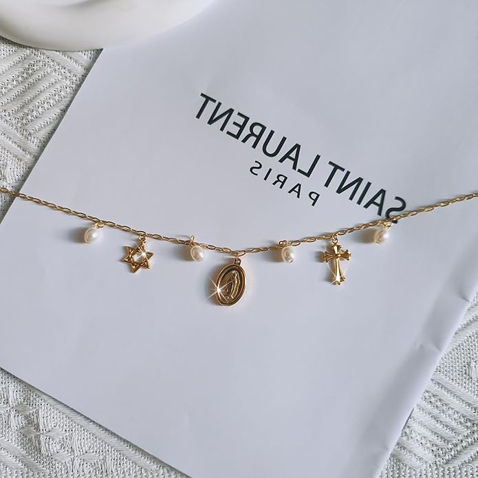 Charm Necklace for Women - Dainty Gold Paperclip Beach Charm Necklace Cute Shell Necklace Moon Star Accessory Beach Cross Hexagram Pendant Preppy Stuff Summer Jewelry for Women