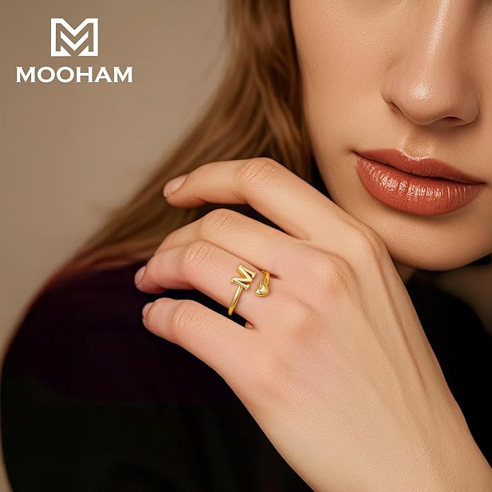 M MOOHAM Gold Rings for Women - 14K Gold Plate Initial Rings for Women Non Tarnish Letter A- Z Dainty Heart Ring Adjustable Pinky Ring Personalized Jewelry Gifts