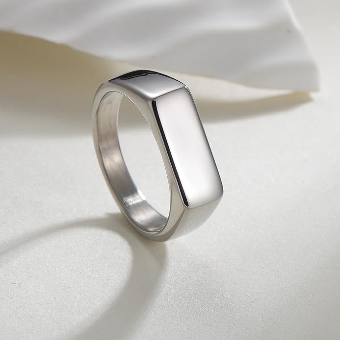 Mens Signet Rings Stainless Steel Pinky Ring for Men Women Silver/Black/Gold Square Cool Finger Ring, Gift for Dad Husband