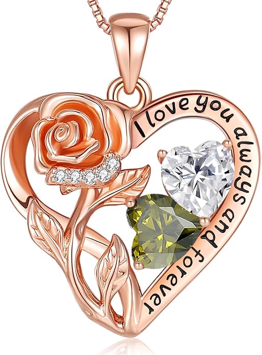 925 Sterling Silver Double Birthstone Rose Flower Heart Jewelry Necklaces for Women Anniversary Love Forever Necklaces for Her Birthday Gifts for Wife Girlfriend Mom Mothers Day Rose Gold
