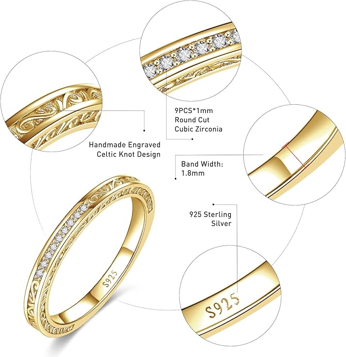 Vintage Celtic Knot Women's Engagement Ring Sets 925 Sterling Silver/14K Gold Plated Stackable Wedding Bands Rings AAAAA Cubic Zirconia Women Bridal Sets Wedding Ring Band Width 1.8mm Size 5-9