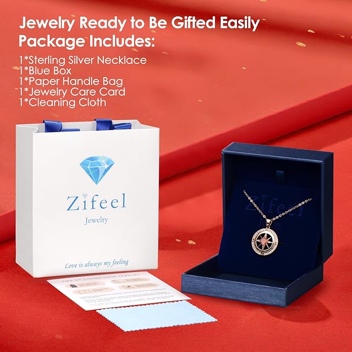 Compass Necklace Gifts for Women wife - S925 Sterling Silver Birthstone Necklaces for Women - Anniversary Birthday Gifts for Her Wife Girlfriend - Valentines Mom Mothers Day Christmas Gifts Jewelry for Women