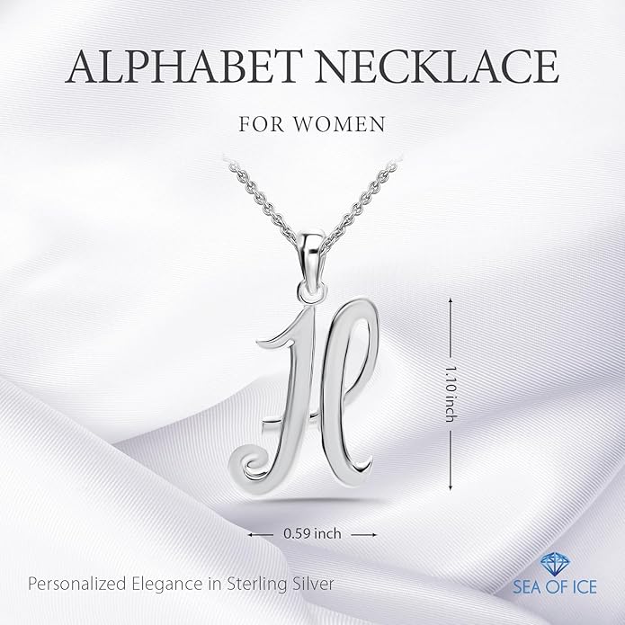 SEA OF ICE Letter Initial Necklace, Alphabet Letter Pendant Necklace, Sterling Silver, Gold, Rose Gold Necklace for Women, Elegant Initial Necklaces, Personalized Custom Women's Necklaces