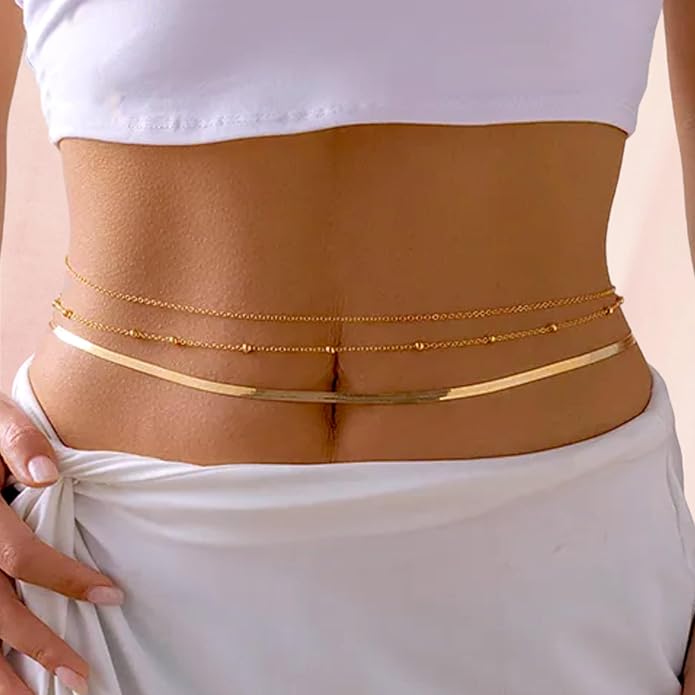 Turandoss 1-3PCS 18K Gold Plated Waist Chains for Women - Gold Layered Belly Body Chain for The Waist Adjustable Multilayer Sexy Bikini Waist Chain for Women Dainty Beach Waist Jewelry for Women