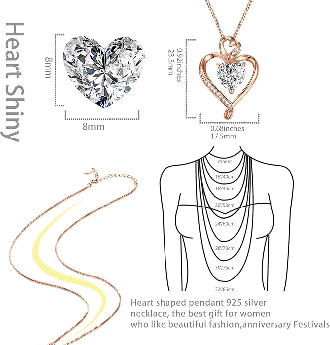 Heart Necklaces for Women 925 Sterling Silver Pendant Necklace Rose Gold Plated White Gold/14K Gold Plated Love Necklace for Her Girlfriend Wife Valentines Day Birthday Women Jewelry 18"+2"