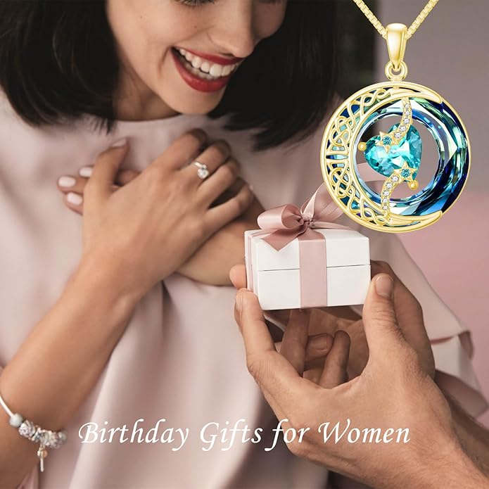 TOUPOP Birthstone Necklace 925 Sterling Silver Moon and Star Pendant with Blue Crystal Celtic Moon Jewelry Birthday Christmas Gifts for Women Mom Wife Her Daughter