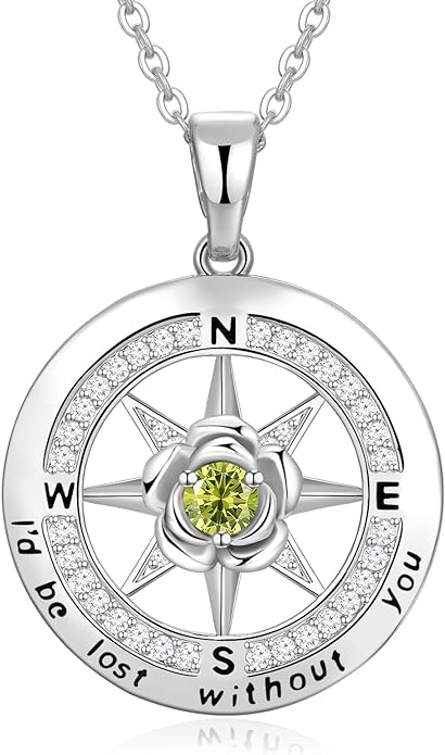 Silver Compass Necklace for Women Birthday Gifts for Wife Anniversary Necklace for Women Rose Flower Birthstone Necklaces for Wife Jewelry for Womens Girlfriend Mom Daughter