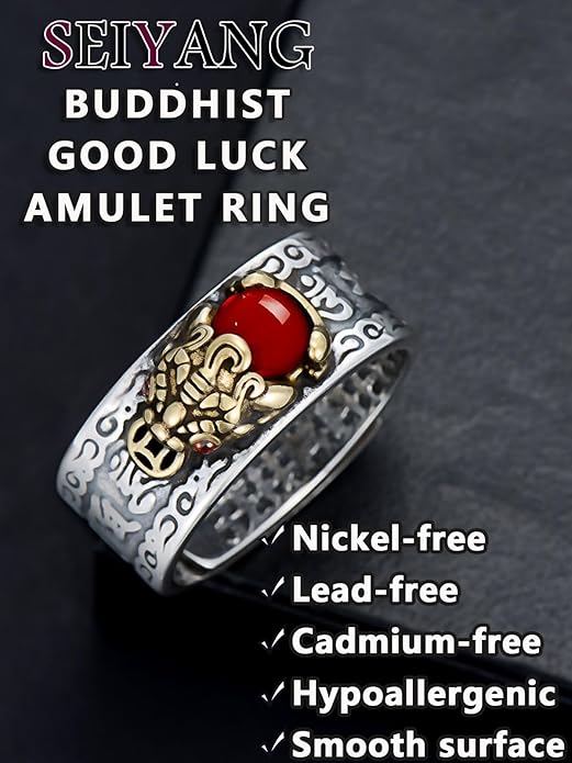 Seiyang Feng Shui Ring 925 Stering Silver Pixiu Mantra Ring Protection Wealth Adjustable Rings Gift for Men Women (with Gift Box)
