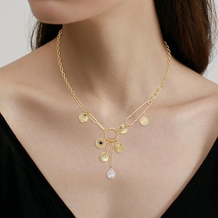 Charm Necklace for Women Gold Evil Eye Sun Moon Flower Coin Pendant Necklace Dainty Paperclip Chain Vintage Luck Amulet Choker Necklaces Celestial Jewelry Gift