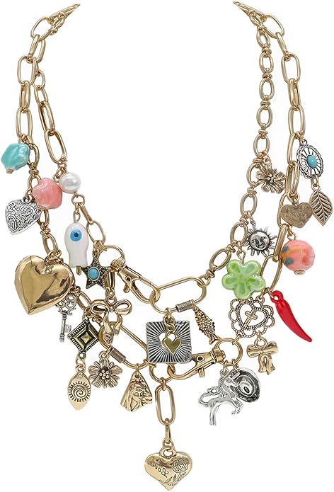 Chunky Retro Heart Necklace for Women Antique Layer Beach Ocean Moon Stars Western Boho Charm Necklaces Retro Link Chain Jewelry