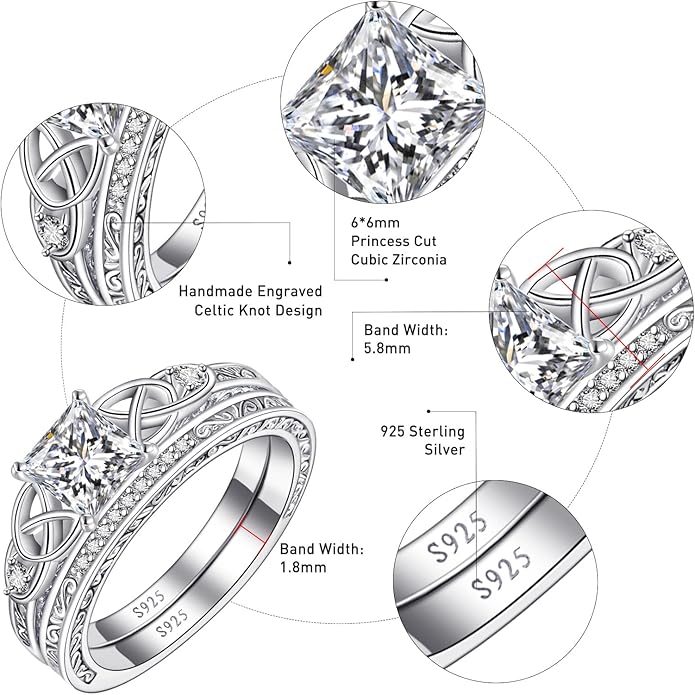 Vintage Celtic Knot Women's Engagement Ring Sets 925 Sterling Silver/14K Gold Plated Stackable Wedding Bands Rings AAAAA Cubic Zirconia Women Bridal Sets Wedding Ring Band Width 1.8mm Size 5-9