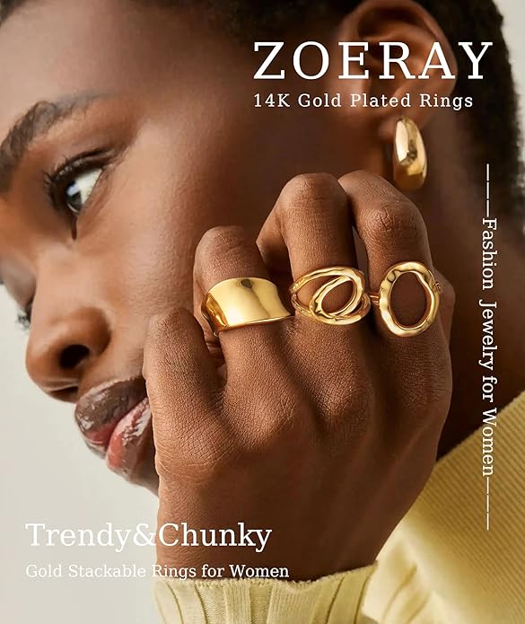 ZOERAY Chunky Gold Rings for Women Non Tarnish Trendy 14k Gold Plated Adjustable Signet Band Stackable Thumb Ring Set Open Twist Dome Statement Stacking Rings Jewelry Gifts for Women Size 5-10