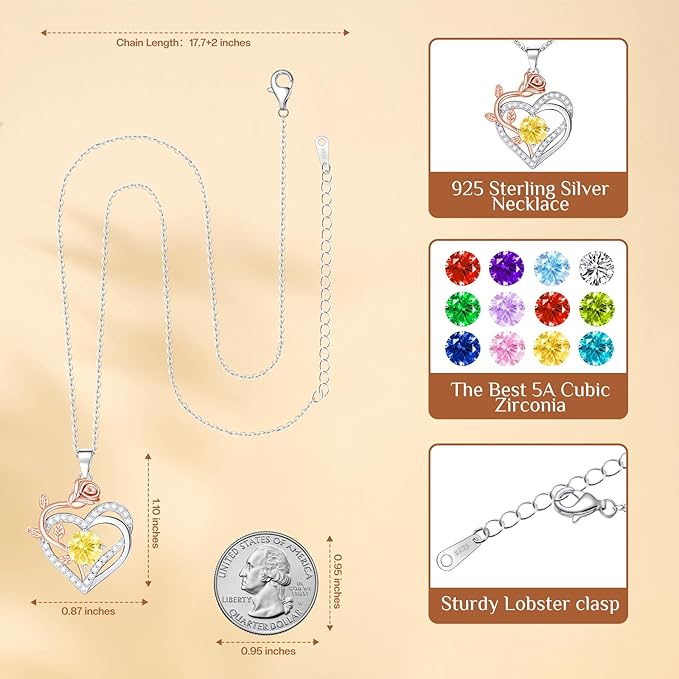 moshen Rose Heart Necklace for Women Sterling Silver Birthstone Pendant - Gift for Women on Valentine's Day, Birthday, Christmas, Anniversary, Mather's Day (11-November-Citrine Yellow)