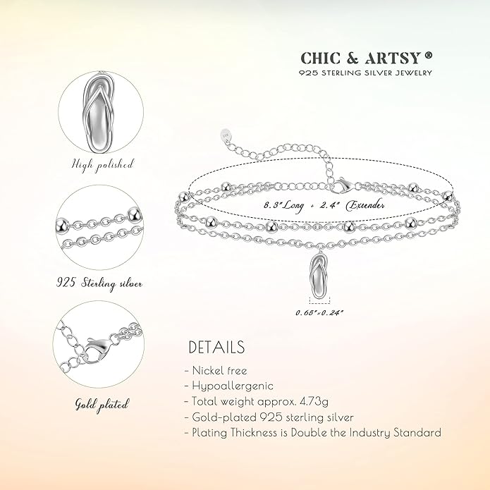 CHIC & ARTSY Womens Sterling Silver Created Opal Layered Anklet Bracelet Dainty Beaded Chain Adjustable 11" Best Friend Anklet