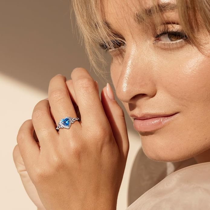 DAYBYDAY Celtic Birthstone Rings for Women 925 Sterling Silver Heart/Round/Pear/Oval Created Gemstone Moissanite Halo Engagement Promise Rings for Her Wife Birthday Anniversary Wedding Jewelry