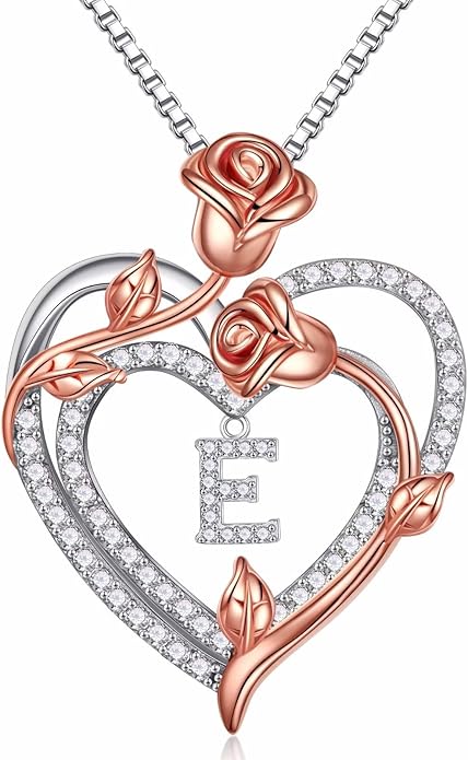 Iefil Rose Heart Necklaces Gifts for Women, 925 Sterling Silver Rose Heart Initial Letter Necklace for Her Mom Wife Girlfriend