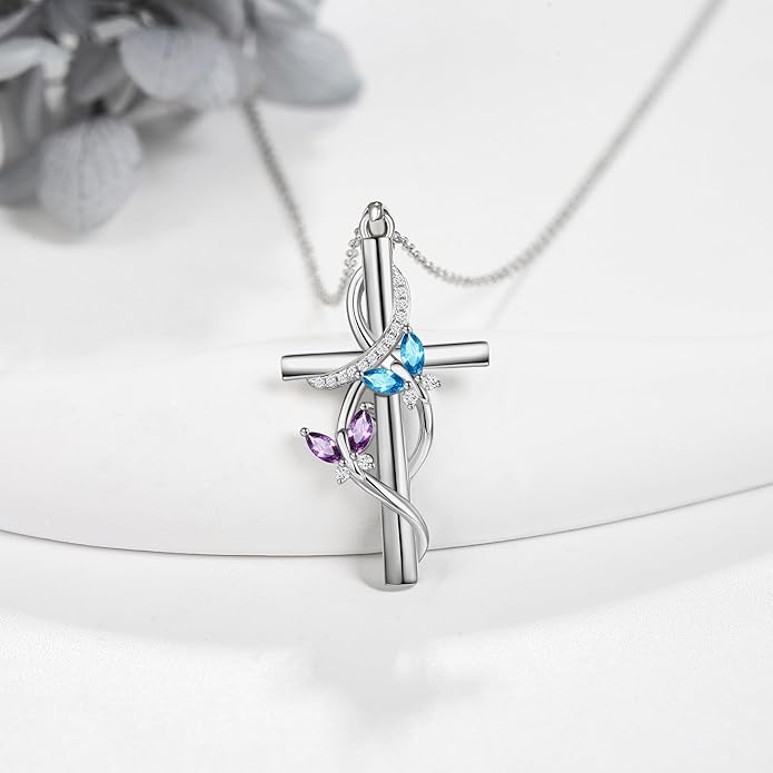 Flower Cross Necklace 925 Sterling Silver Carnation/Rose/Lily/Daisy Cross Necklace Birth Flower Jewelry for Women