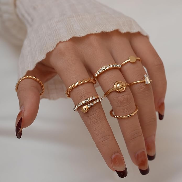 YEEZII 68 Pcs Gold Knuckle Rings Set for Women, Stackable Boho Joint Finger Midi Rings Silver Hollow Carved Crystal Stacking Ring Pack for Gift