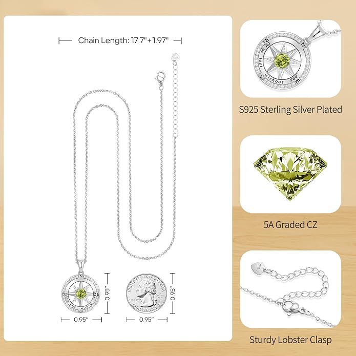 Peeshow Gifts for Women Wife-Compass Birthstone Necklace Gift for Wife Birthday Wedding Anniversary Women Jewelry for Her Girlfriend S925 Sterling Silver