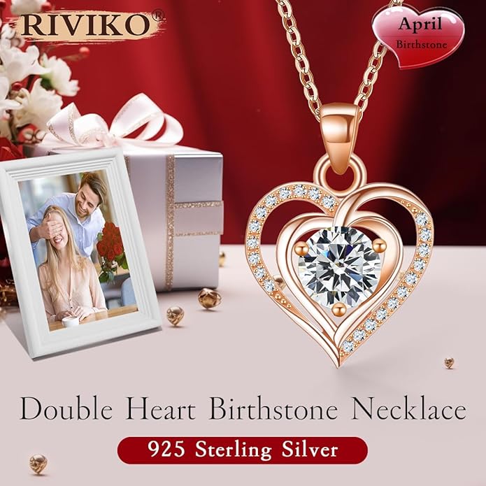 RIVIKO Heart Birthstone Pendant Necklace for Women 925 Sterling Silver Zirconia Necklaces Wedding Anniversary Birthday Mothers Day Jewelry Gifts For Her Mother Wife