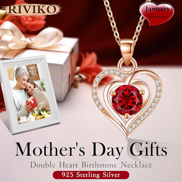 RIVIKO Heart Birthstone Pendant Necklace for Women 925 Sterling Silver Zirconia Necklaces Wedding Anniversary Birthday Mothers Day Jewelry Gifts For Her Mother Wife