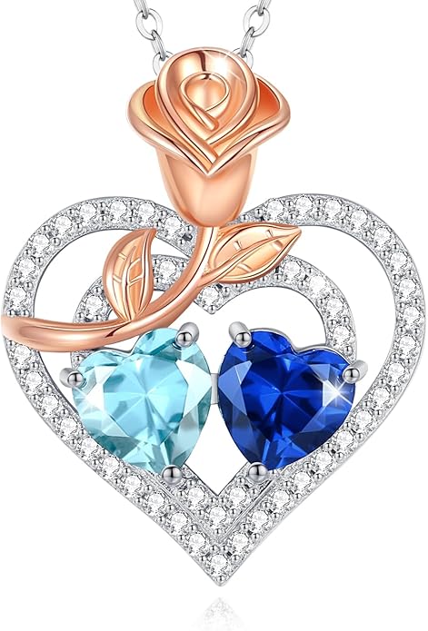 AGVANA Birthstone Necklace for Women Sterling Silver Rose Flower Heart Double Birthstone Jewelry Pendant Necklace Anniversary Birthday Gifts for Women Mom Wife Girlfriend Her