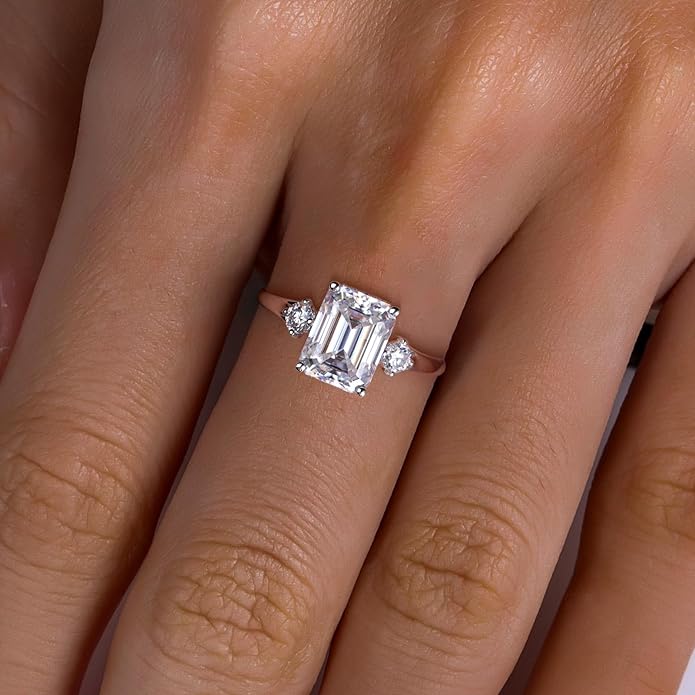 Solid 14K Gold 3.36ct Moissanite Three Stone Rings (3ct Center Stone), Round/Oval/Emerald Shape, Real Gold | D Color and Flawless Moissanite | Wedding Anniversary Ring