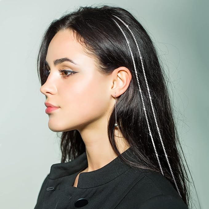 Chunyin 6 Pcs Rhinestone Hair Chains for Women Pearl Charm Rhinestone Hair Jewelry Accessories Crystal Extensions Clips Silver Gold Pins for Braids(Shiny Silver)