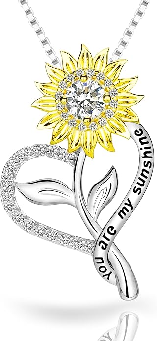 1 Carat Moissanite Sunflower Pendant Necklace | 'You Are My Sunshine' Engraved Heart Charm | 925 Sterling Silver | Radiant Anniversary, Wedding, Timeless Commitment Gift for Her