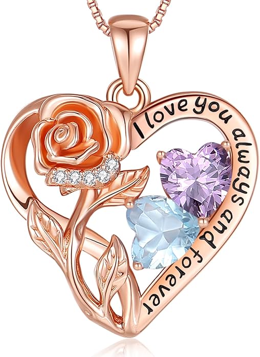 925 Sterling Silver Double Birthstone Rose Flower Heart Jewelry Necklaces for Women Anniversary Love Forever Necklaces for Her Birthday Gifts for Wife Girlfriend Mom Mothers Day Rose Gold