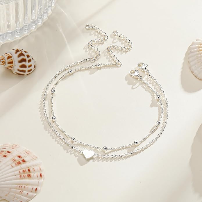 Ritach Ankle Bracelets for Women - Stainless Steel Silver/Gold Anklets for Women Waterproof Layered Cuban Link Figaro Chain Heart Anklets Set Summer Beach Jewelry Gifts