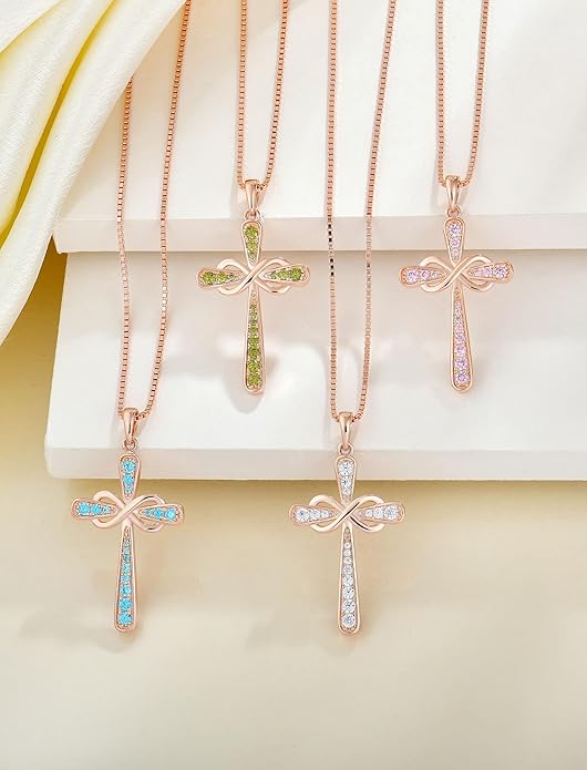 YL 925 Sterling Silver Cross Necklace for Women Halo Infinity Pendant Birthstone Jewelry for Mom