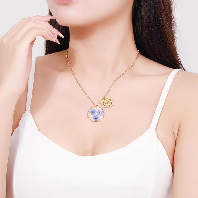 Forget-Me-Not and Queen Anne's Lace Pressed Wildflower Necklace | Birth Month Real Flower Necklace | Gold/Silver Pressed Flower Jewelry | Personalized Handmade Jewelry