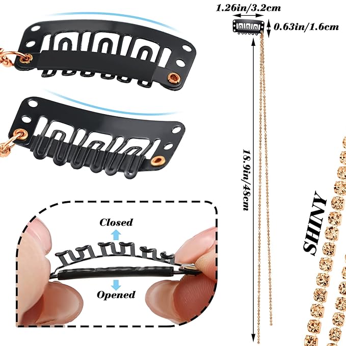 Chunyin 6 Pcs Rhinestone Hair Chains for Women Pearl Charm Rhinestone Hair Jewelry Accessories Crystal Extensions Clips Silver Gold Pins for Braids(Rose Gold)