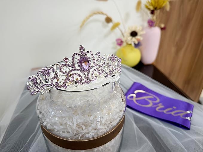JETKONG 3 Pcs Bachelorette Party Decorations Bridal Shower Crown, Bride to Be Sash&Veil for Women Bachelorette Party Gifts, Bachelorette Party Supplies, Gifts, Favors (Purple)