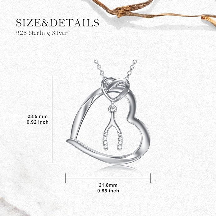 Diamond Heart Wishbone Necklace with Puffed Heart Charm 925 Sterling Silver Wishbone Heart Pendant for Women Jewelry Gifts for Mom
