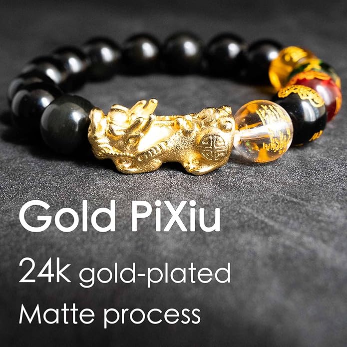 24K Gold Plated PiXiu Dragon Bracelet Feng Shui Bracelet, Obsidian Bracelet Dragon Protection for Men Women, Meditation Prayer Beads Bracelets Meaning to Attract Wealth and Good Luck(12mm)