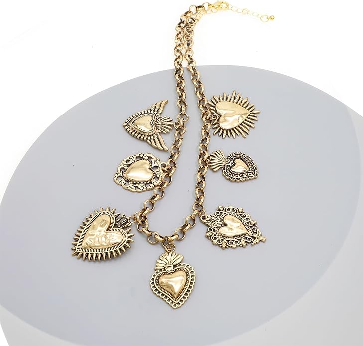 Chunky Retro Heart Necklace for Women Antique Layer Beach Ocean Moon Stars Western Boho Charm Necklaces Retro Link Chain Jewelry